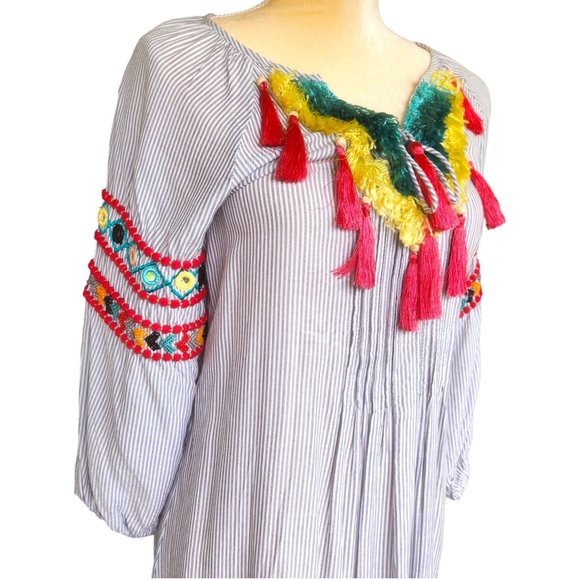 America and Beyond Boho Fringe Embroidered Mini Dress with Tassel Ties NEW w/TAG - Picture 4 of 12